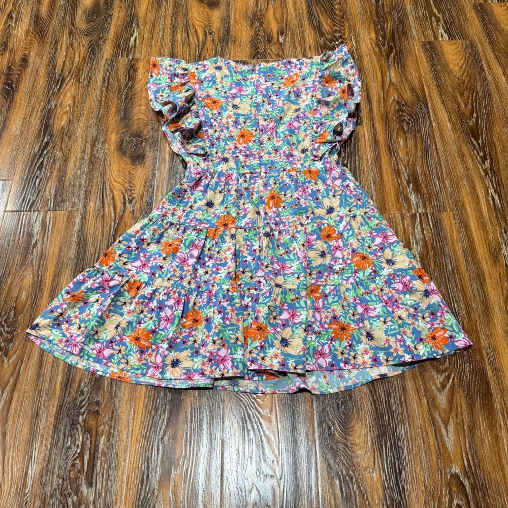 Entro Size M Blue Floral Flutter Sleeve Tiered Babydoll Mini Dress D18638 Womens - Picture 2 of 6